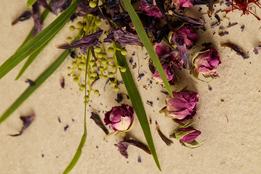 A flatlay of dried medicinal flowers and herbs.