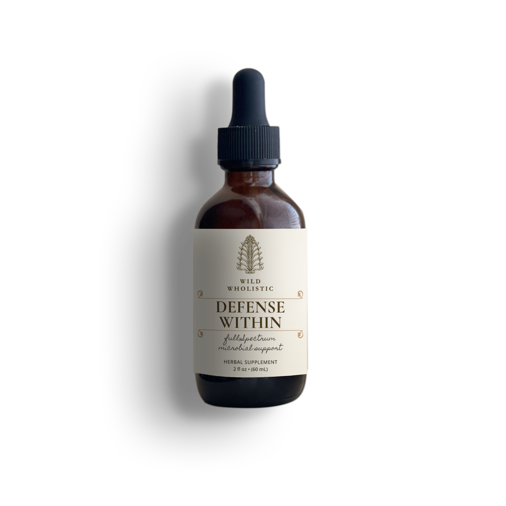 Bottle of Defense Within supplement with dropper on a white background